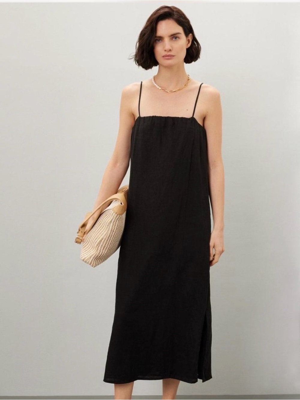 Donni Linen Black Spaghetti Strap Midi Dress size medium